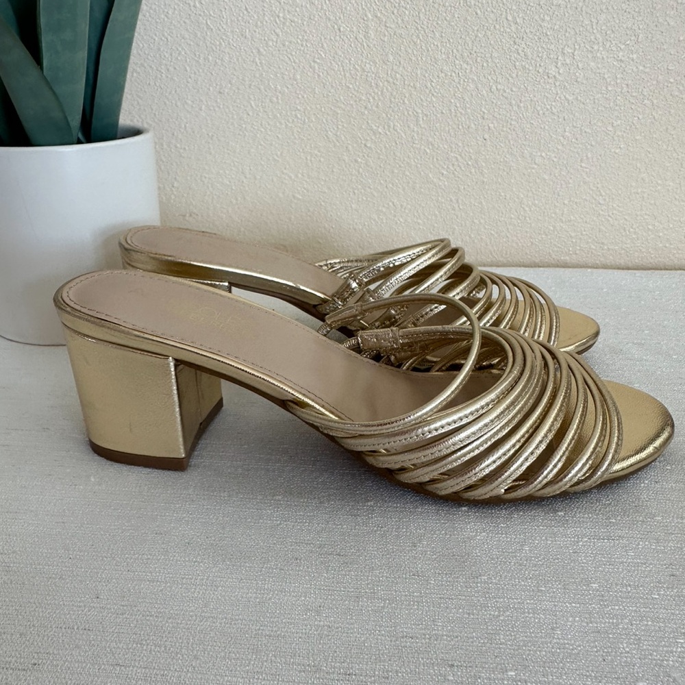 New Aerosoles Gold Leather Multi-Strap Heeled Dressy Slide Sandals Women’s 7.5